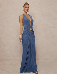 Velvet Plunging Halter Drape Gown