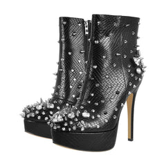 Pair of black studded and rhinestone platform ankle boots