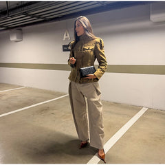 Brown Stand Collar Long Sleeve Pocket Jacket and Shorts Two Piece Set
