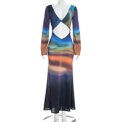 Mesh Tie Dye Long Sleeve Twisted Maxi Dress
