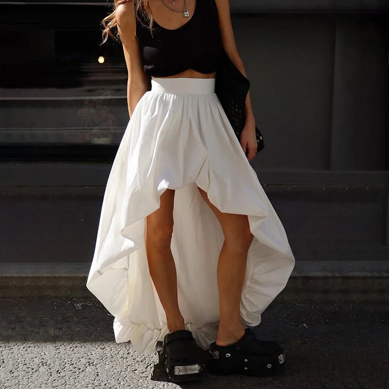 Full view of the asymmetric midi skirt with a belt