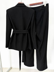 Contrast Stitching Belted Blazer and Wide-Leg Pants Suit
