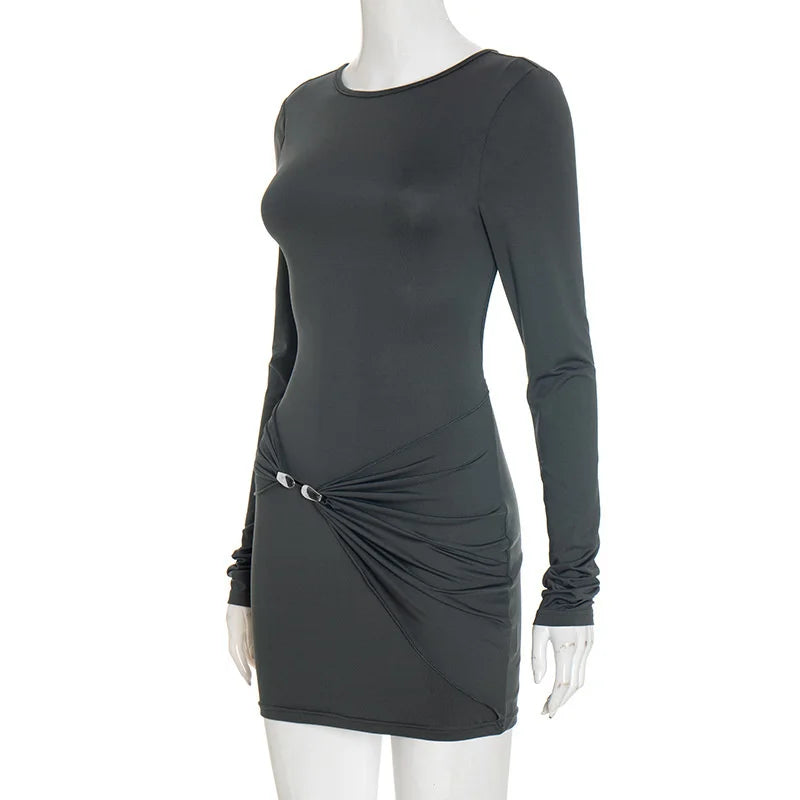Dark gray long-sleeve dress on a mannequin against a white background