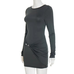 Dark gray long-sleeve dress on a mannequin against a white background