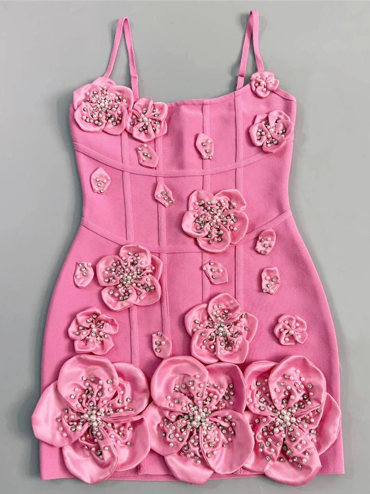 3D floral applique spaghetti strap mini dress front view