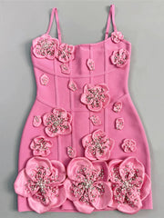 3D floral applique spaghetti strap mini dress front view