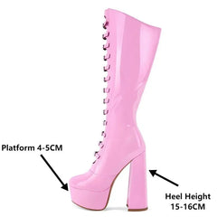Close-up of platform and heel height measurements on pink patent boots