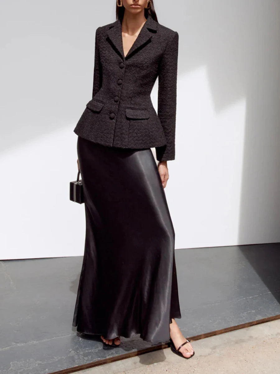 Tailored black blazer and floor-length satin skirt set