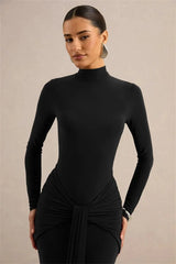 Long Sleeve Turtleneck Drape Tie Up Waist Detail Maxi Dress