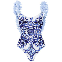 Ruffled Floral Print One-Piece Swimsuit and Maxi Skirt Set