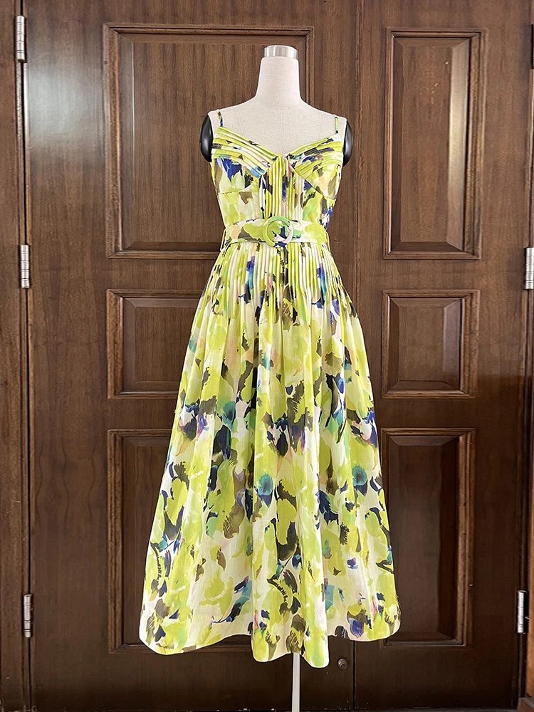 Yellow floral dress on a mannequin against a wooden door background