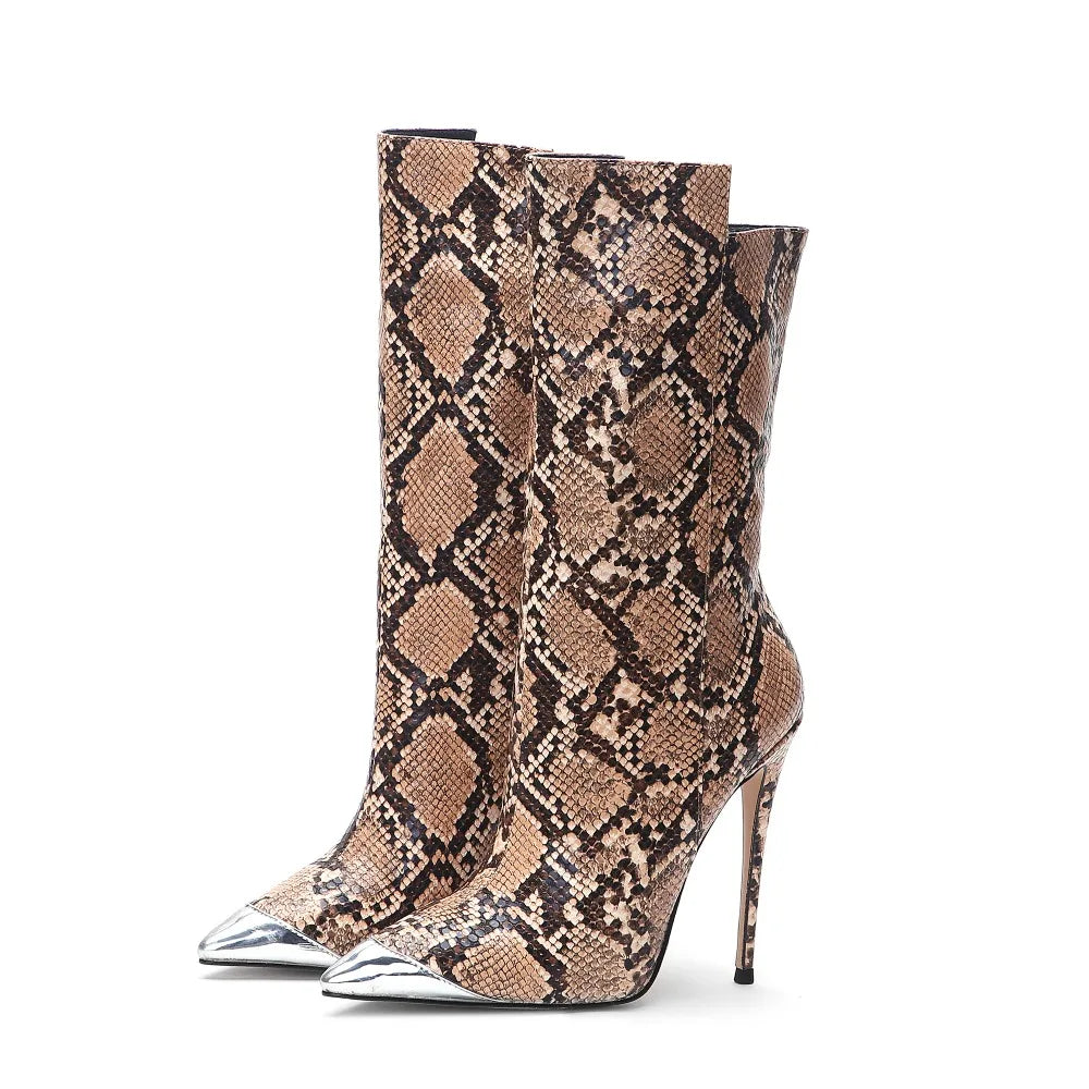 A pair of brown snake print pointed toe stiletto boots.