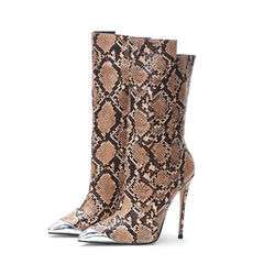 A pair of brown snake print pointed toe stiletto boots.