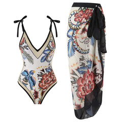 V-Neck Tie-Strap Swimsuit and Wrap Skirt Set