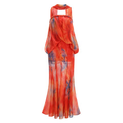 Strapless Tie Dye Print Maxi Dress With Scarf