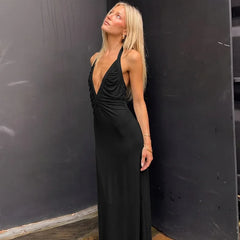 V-Neck Ruched Halter Neck Sleeveless Maxi Dress