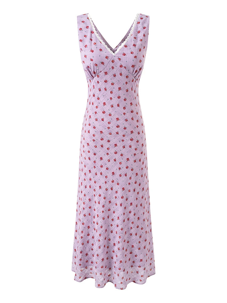 Lilac floral V-neck lace trim sleeveless midi dress front view
