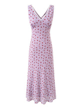 Lilac floral V-neck lace trim sleeveless midi dress front view