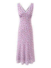 Lilac floral V-neck lace trim sleeveless midi dress front view