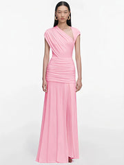 Asymmetrical Neckline Short Sleeve Ruched Maxi Dress