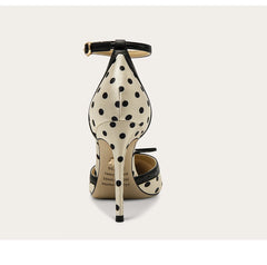 High-heeled shoe with polka dot pattern on a white background
