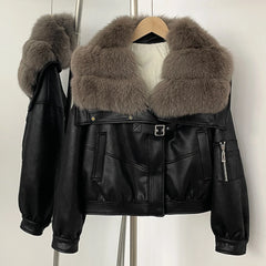 Black leather jacket with fur collar on a hanger against a white background