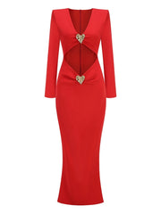 Red V-Neck Cutout Gown with Metal Heart Accent
