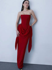 Strapless Draped Metal Ring Waist Dress
