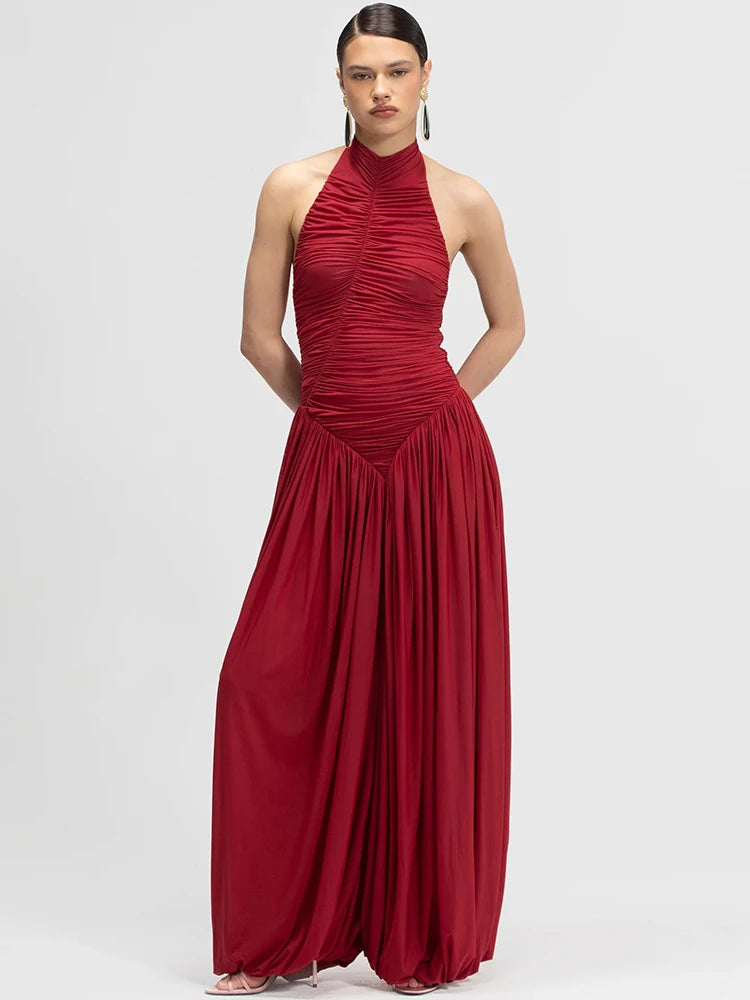 Ruched halter top and red palazzo pants set