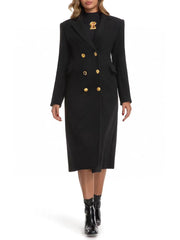 Black coat with gold buttons worn by a model