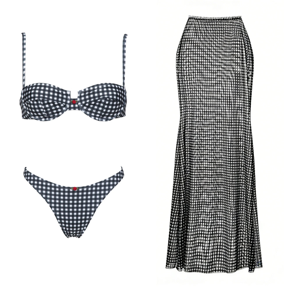 Black and white gingham bikini set with a matching maxi skirt
