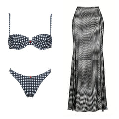 Black and white gingham bikini set with a matching maxi skirt
