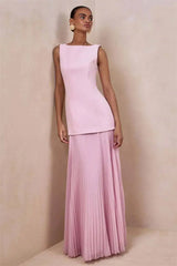 Boat Neck Sleeveless Pleated Maxi Dress