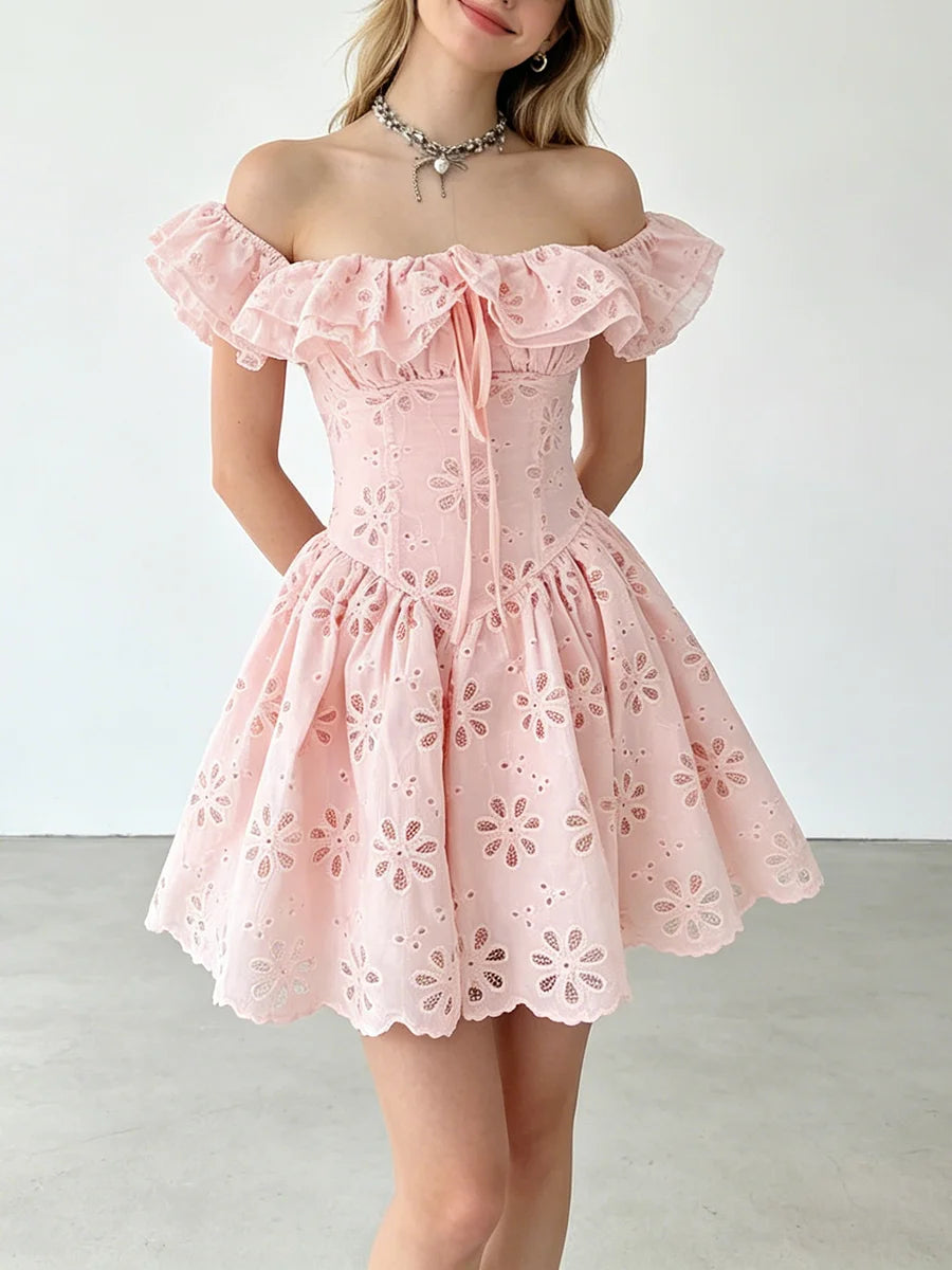 Off-the-shoulder ruffled eyelet mini dress in pink