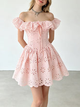 Off-the-shoulder ruffled eyelet mini dress in pink