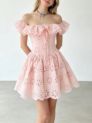 Off-the-shoulder ruffled eyelet mini dress in pink