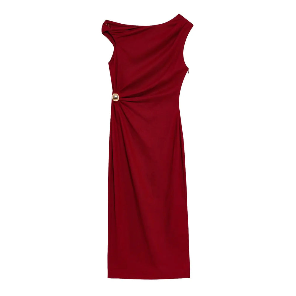 Red one-shoulder dress with a gold button