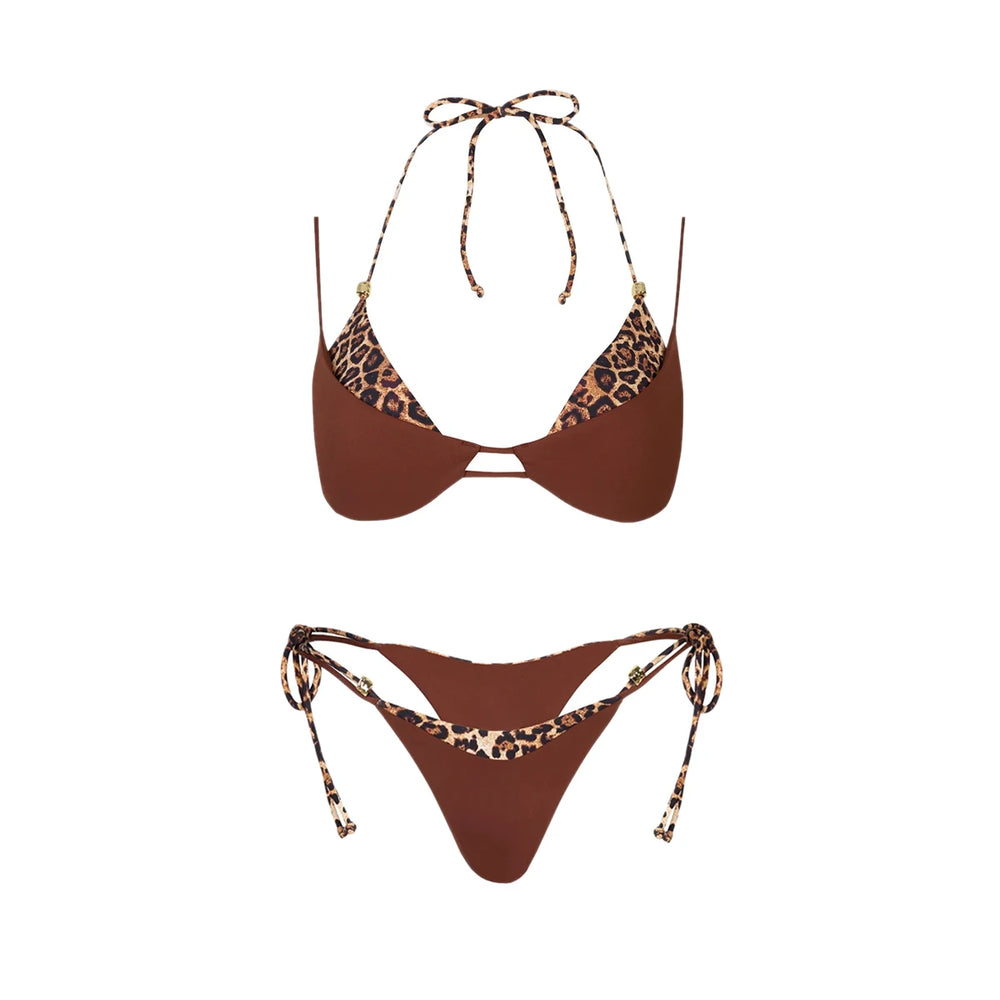 Leopard print and brown contrast trim bikini top and bottom