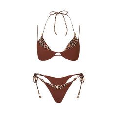 Leopard print and brown contrast trim bikini top and bottom