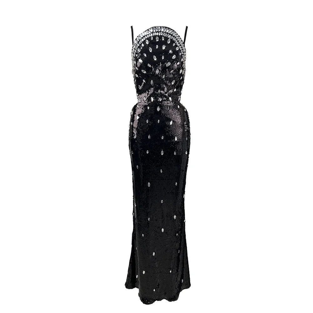 Full view of a black sequin evening dress with diamond-like accents