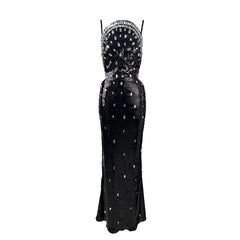Full view of a black sequin evening dress with diamond-like accents