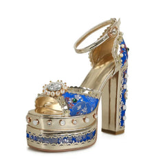 Blue embellished platform stiletto heels with pearl and gemstone details