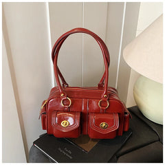 Microfiber Leather Vintage Pocket Satchel – Black & Burgundy