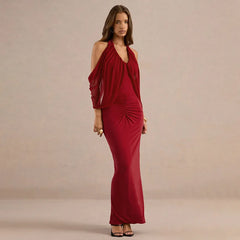 Red halter neck open shoulder maxi dress