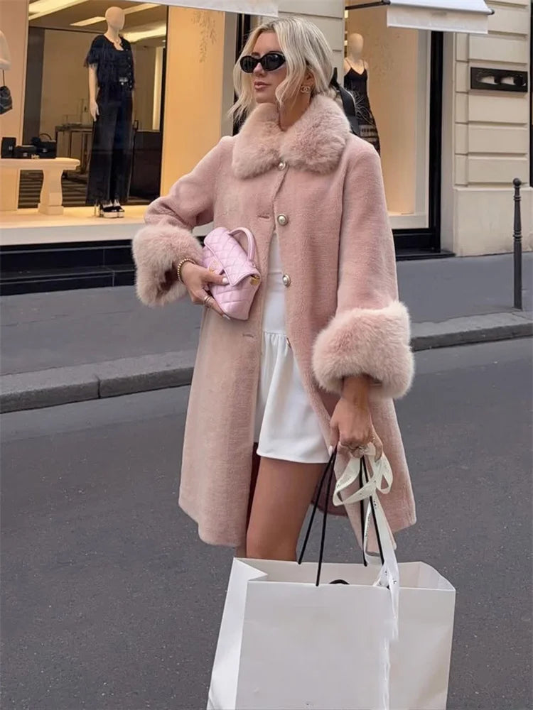 Tailored faux fur coat shown in a clean, straight silhouette