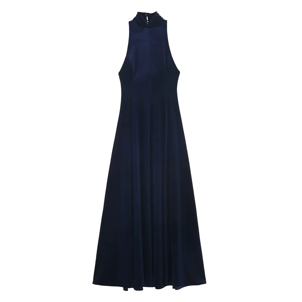 Navy blue sleeveless dress on a white background