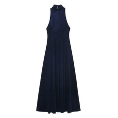 Navy blue sleeveless dress on a white background