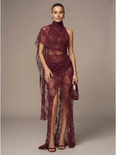 Burgundy draped lace maxi dress