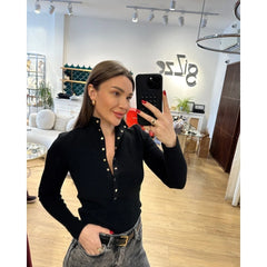 High-Neck Button-Up Ribbed Knit Top