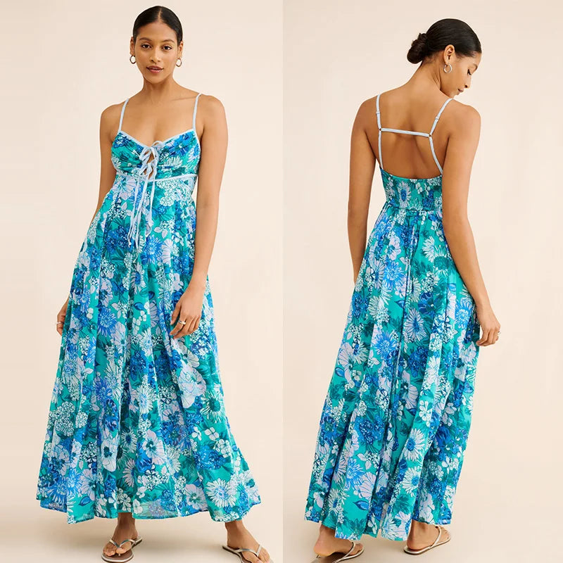 Woman wearing a blue floral dress from front and back views on a beige background